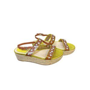 Christian Dior Yellow & Brown Floral Espadrille Wedge Sandals Size 7.5